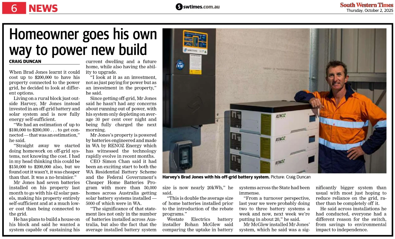 Waroona Reporter newspaper featuring RENOZ energy installation project